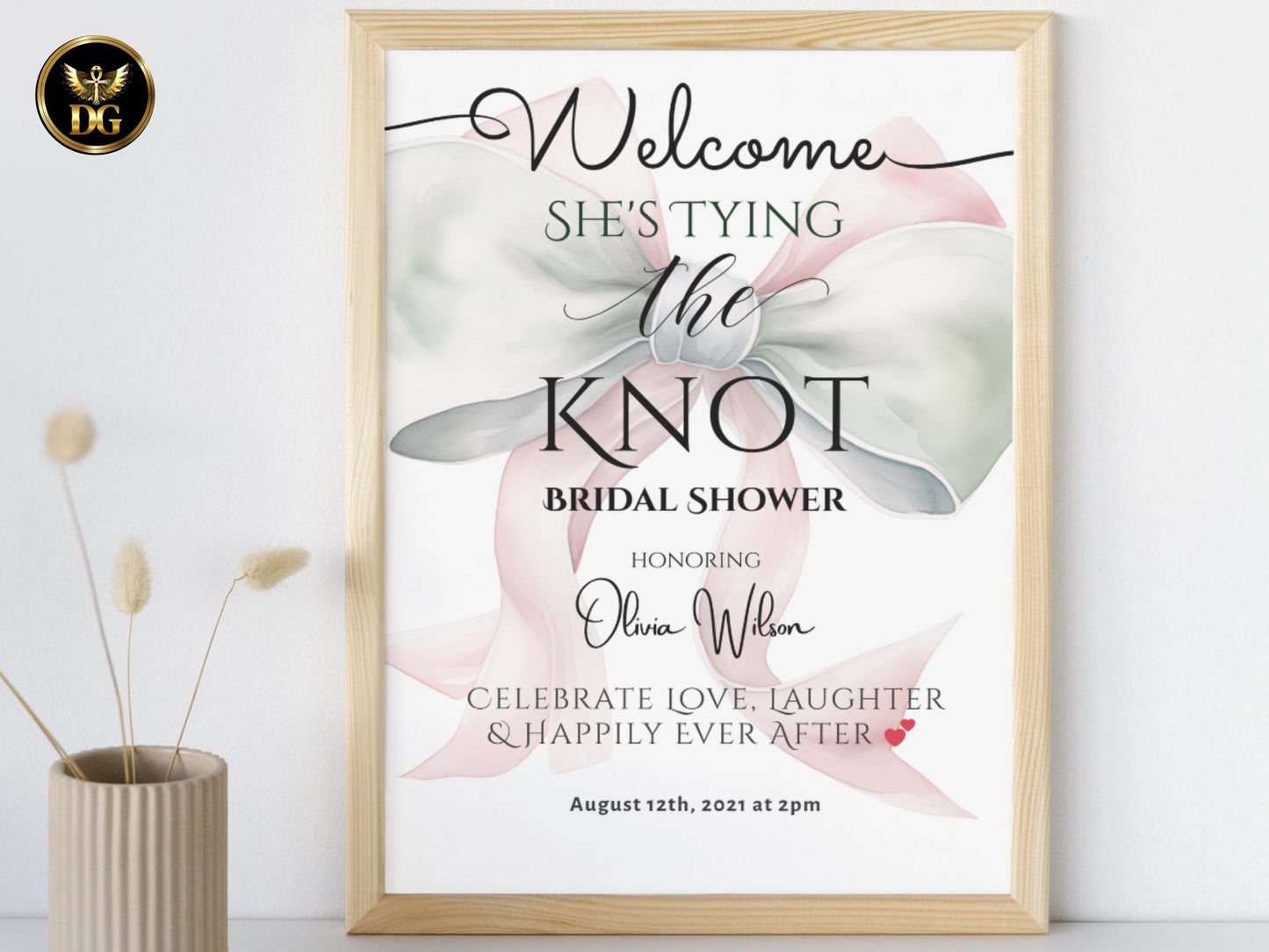 Pink Bow Bridal Shower Welcome Sign Printable, Elegant She’s Tying the Knot Welcome Poster, White & Light Green Bridal Decor