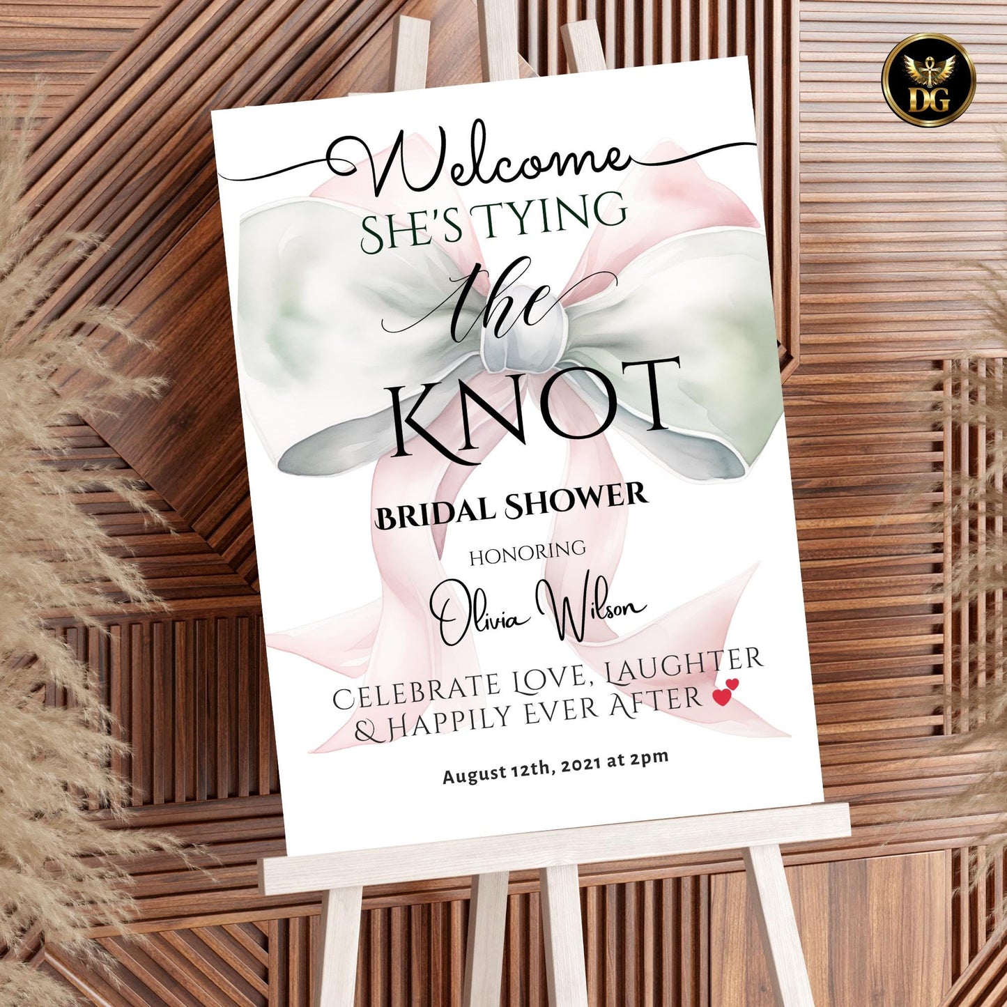 Pink Bow Bridal Shower Welcome Sign Printable, Elegant She’s Tying the Knot Welcome Poster, White & Light Green Bridal Decor