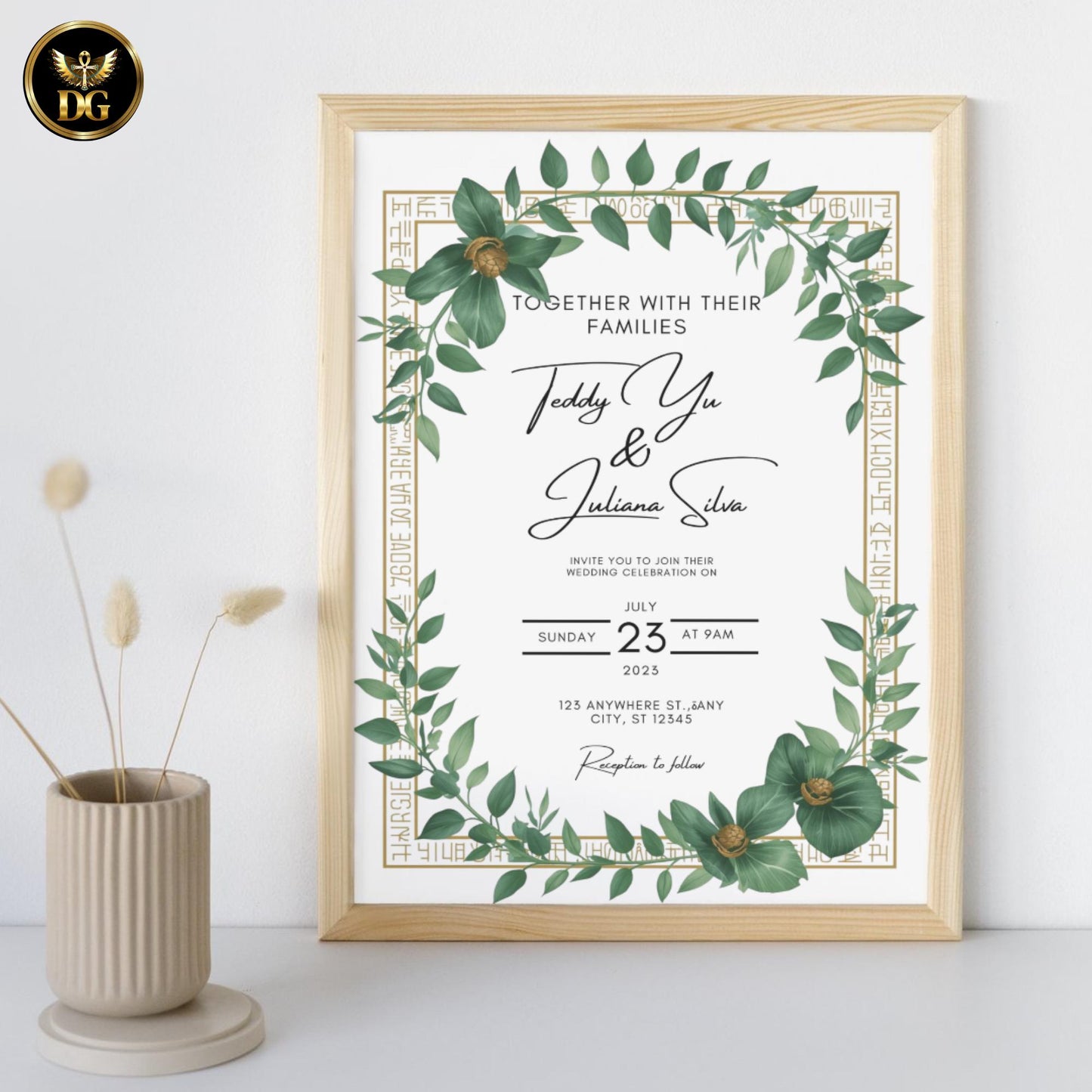 Luxury Royal Egyptian Wedding Invitation Template Canva, Elite Pharaoh Gold Hieroglyph Frame Digital Invite, Minimalist White Background"
