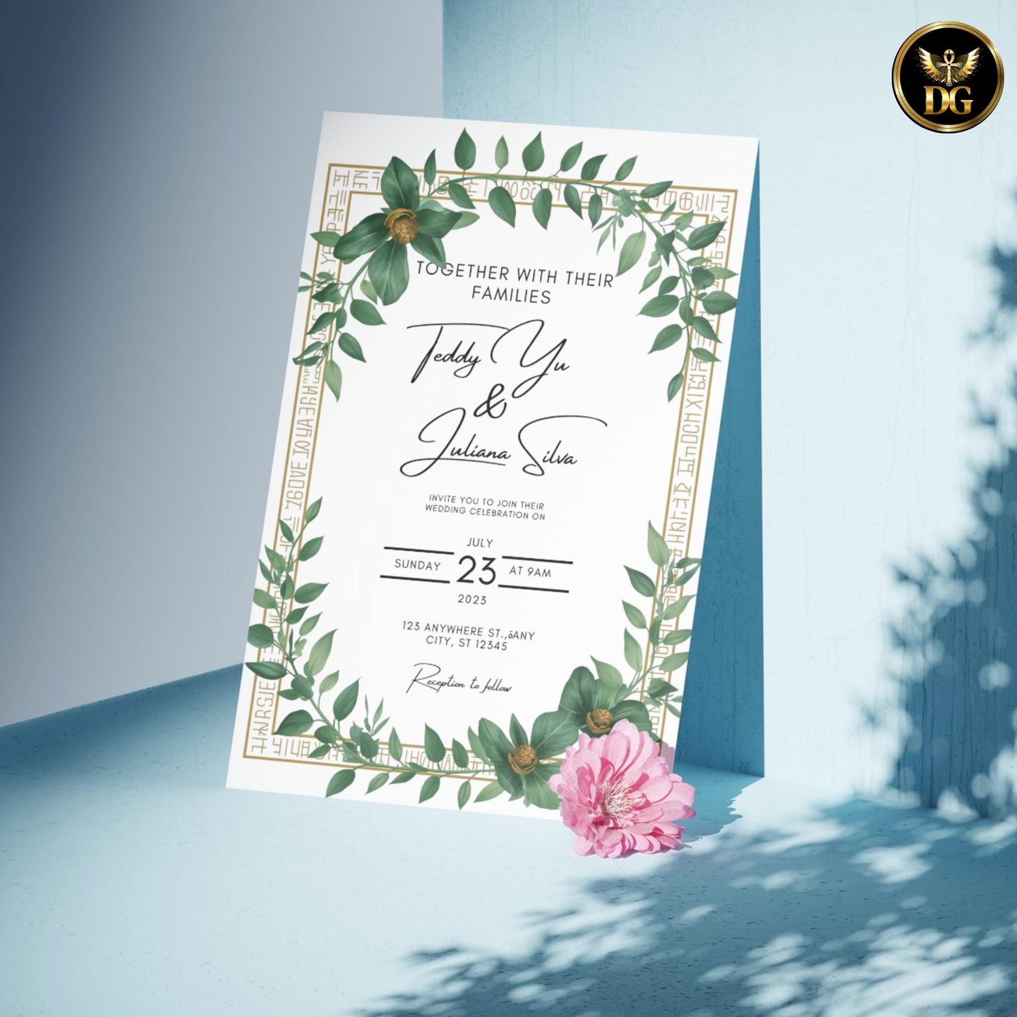 Luxury Royal Egyptian Wedding Invitation Template Canva, Elite Pharaoh Gold Hieroglyph Frame Digital Invite, Minimalist White Background"