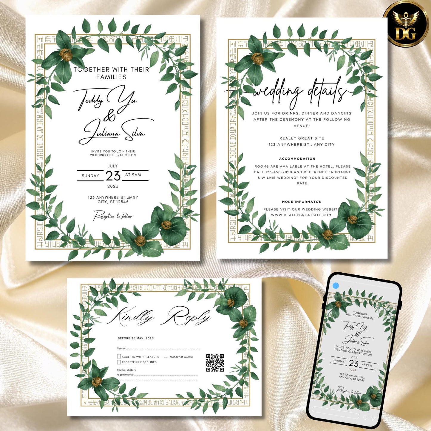 Luxury Royal Egyptian Wedding Invitation Template Canva, Elite Pharaoh Gold Hieroglyph Frame Digital Invite, Minimalist White Background"