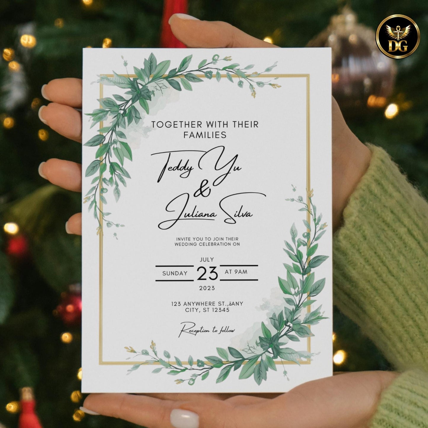 Elegant Gold Frame Green Watercolor Wedding Invitation Template | Editable Canva Digital Download | Minimalist Botanical Ivy Leaves Suite
