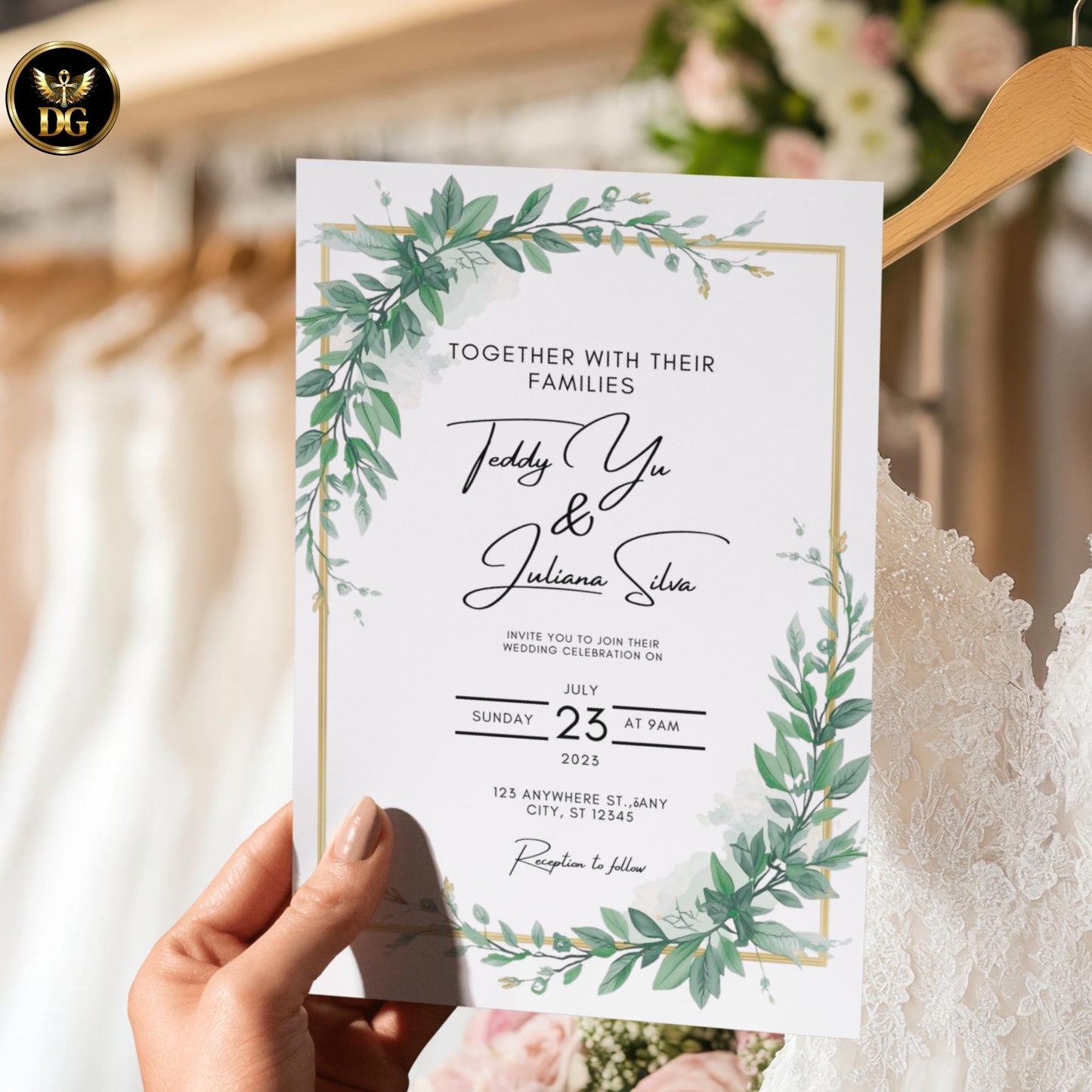 Elegant Gold Frame Green Watercolor Wedding Invitation Template | Editable Canva Digital Download | Minimalist Botanical Ivy Leaves Suite