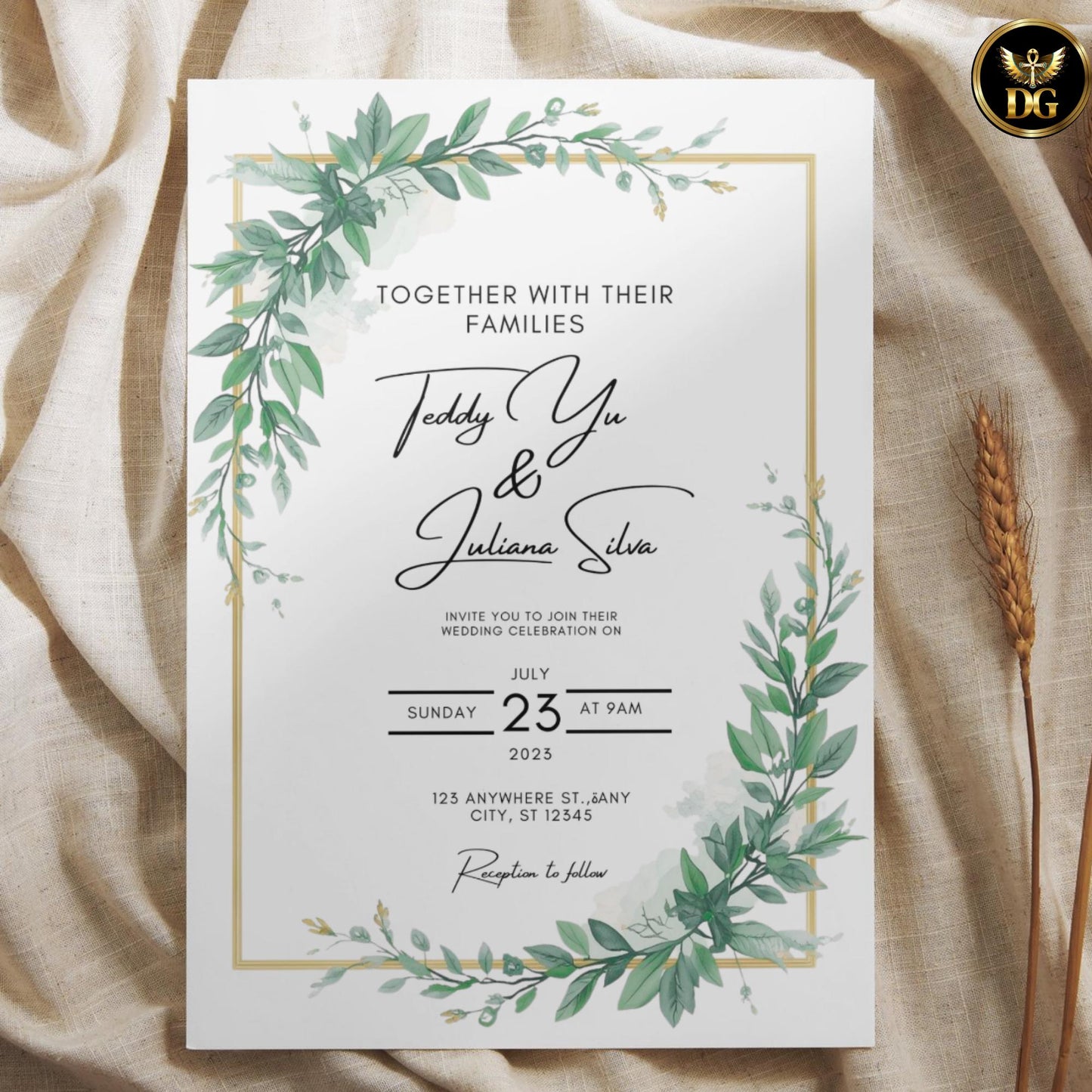 Elegant Gold Frame Green Watercolor Wedding Invitation Template | Editable Canva Digital Download | Minimalist Botanical Ivy Leaves Suite