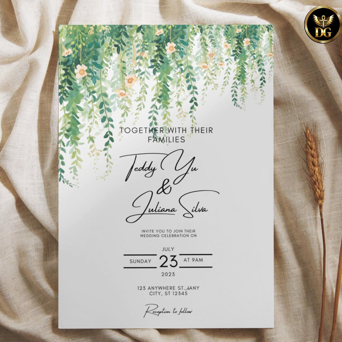 Hanging Greenery Delicate Blooms Wedding Invitation Template Editable Canva Digital Download Watercolor Branches Yellow Orange Beige Flowers