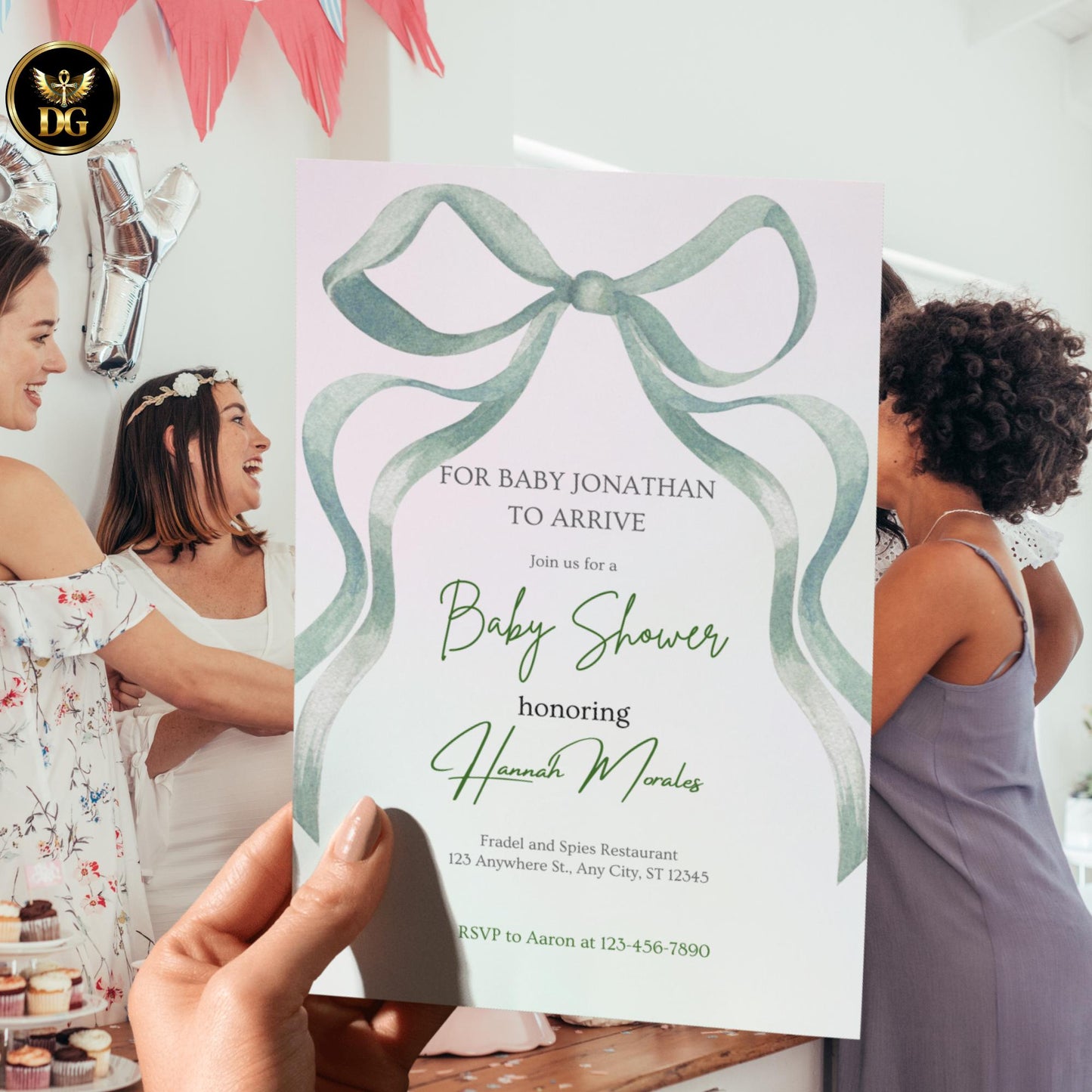 Pastel Mint Green Pink Baby Shower Invitation Template | Editable Canva Digital | Large Bow Diaper Raffle, Books for Baby Cards Suite