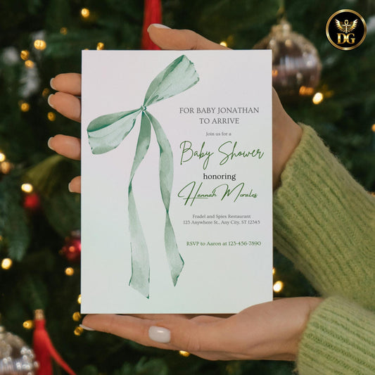 Pastel Mint Green Pink Baby Shower Invitation Template | Editable Canva Digital | Long Ribbon Bow Diaper Raffle, Books for Baby Suite